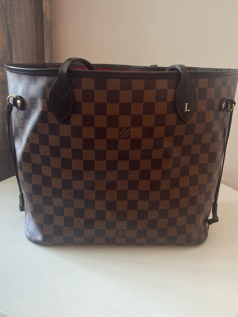 Louis Vuitton Brown Damier Ebene Tote with Red Interior